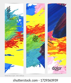Abstract vector vertical banner. Colorful brush stoke of digital watercolor paint. Dimensional layered feather rainbow colored texture. Creative artistic advertising template. Bright rough scribble.