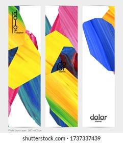 Abstract vector vertical banner with colorful bright acrylic textured shapes. Artistic wide sky design template. Hand drawn collage art digital paint. Universal layout with brush stroke splashes.