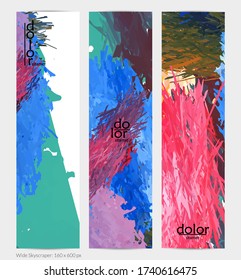 Abstract vector vertical banner. Colorful brush stoke of digital watercolor paint. Dimensional layered feather rainbow colored texture. Creative artistic advertising template. Bright rough scribble.