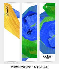 Abstract vector vertical banner with colorful bright acrylic textured shapes. Artistic wide sky design template. Hand drawn collage art digital paint. Universal layout with brush stroke splashes.