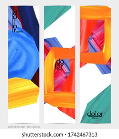 Abstract vector vertical banner with colorful bright acrylic textured shapes. Artistic wide sky design template. Hand drawn collage art digital paint. Universal layout with brush stroke splashes.