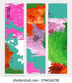 Pancarta vertical vector abstracta. Colorido pincel de pintura digital acuarela. Textura de color arcoiris de plumas en capas dimensionales. Plantilla de publicidad artística creativa. Brillante garabato áspero.