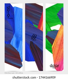 Abstract vector vertical banner with colorful bright acrylic textured shapes. Artistic wide sky design template. Hand drawn collage art digital paint. Universal layout with brush stroke splashes.
