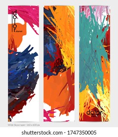 Abstract vector vertical banner. Colorful brush stoke of digital watercolor paint. Dimensional layered feather rainbow colored texture. Creative artistic advertising template. Bright rough scribble.