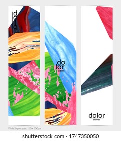 Pancarta vertical vector abstracta con formas coloreadas acrílicas de textura colorida. Plantilla de diseño de cielo amplio artístico. Pintura digital de arte de collage dibujada a mano. Diseño universal con salpicaduras de pincel.