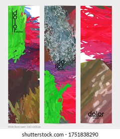 Abstract vector vertical banner. Colorful brush stoke of digital watercolor paint. Dimensional layered feather rainbow colored texture. Creative artistic advertising template. Bright rough scribble.