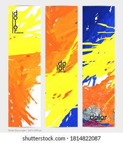 Abstract vector vertical banner. Colorful brush stoke of digital watercolor paint. Dimensional layered feather rainbow colored texture. Creative artistic advertising template. Bright rough scribble.