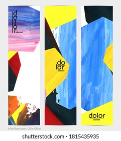 Pancarta vertical vector abstracta con formas coloreadas acrílicas de textura colorida. Plantilla de diseño de cielo amplio artístico. Pintura digital de arte de collage dibujada a mano. Diseño universal con salpicaduras de pincel.