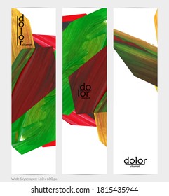 Abstract vector vertical banner with colorful bright acrylic textured shapes. Artistic wide sky design template. Hand drawn collage art digital paint. Universal layout with brush stroke splashes.