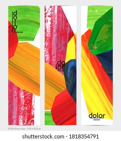 Pancarta vertical vector abstracta con formas coloreadas acrílicas de textura colorida. Plantilla de diseño de cielo amplio artístico. Pintura digital de arte de collage dibujada a mano. Diseño universal con salpicaduras de pincel.