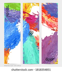 Abstract vector vertical banner. Colorful brush stoke of digital watercolor paint. Dimensional layered feather rainbow colored texture. Creative artistic advertising template. Bright rough scribble.
