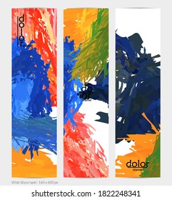 Abstrakter, vertikaler Vektorbanner. Farbiger Pinselstrich mit digitaler Aquarellfarbe. Maßgeschneiderte Federregenbogen-farbige Textur. Kreative künstlerische Werbevorlage. Helles, raues Schreien.