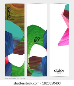 Pancarta vertical vector abstracta con formas coloreadas acrílicas de textura colorida. Plantilla de diseño de cielo amplio artístico. Pintura digital de arte de collage dibujada a mano. Diseño universal con salpicaduras de pincel.