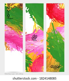 Abstract vector vertical banner. Colorful brush stoke of digital watercolor paint. Dimensional layered feather rainbow colored texture. Creative artistic advertising template. Bright rough scribble.