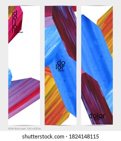 Abstract vector vertical banner with colorful bright acrylic textured shapes. Artistic wide sky design template. Hand drawn collage art digital paint. Universal layout with brush stroke splashes.