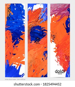 Abstract vector vertical banner. Colorful brush stoke of digital watercolor paint. Dimensional layered feather rainbow colored texture. Creative artistic advertising template. Bright rough scribble.