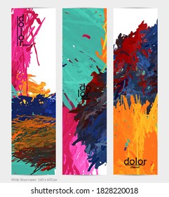 Abstract vector vertical banner. Colorful brush stoke of digital watercolor paint. Dimensional layered feather rainbow colored texture. Creative artistic advertising template. Bright rough scribble.