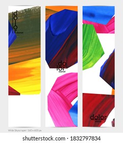 Pancarta vertical vector abstracta con formas coloreadas acrílicas de textura colorida. Plantilla de diseño de cielo amplio artístico. Pintura digital de arte de collage dibujada a mano. Diseño universal con salpicaduras de pincel.