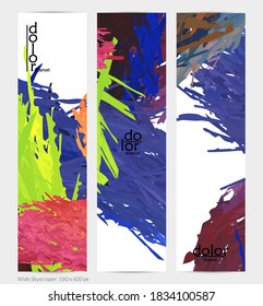 Abstract vector vertical banner. Colorful brush stoke of digital watercolor paint. Dimensional layered feather rainbow colored texture. Creative artistic advertising template. Bright rough scribble.