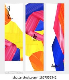 Abstract vector vertical banner with colorful bright acrylic textured shapes. Artistic wide sky design template. Hand drawn collage art digital paint. Universal layout with brush stroke splashes.