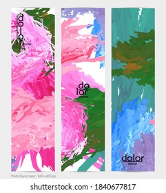 Abstract vector vertical banner. Colorful brush stoke of digital watercolor paint. Dimensional layered feather rainbow colored texture. Creative artistic advertising template. Bright rough scribble.