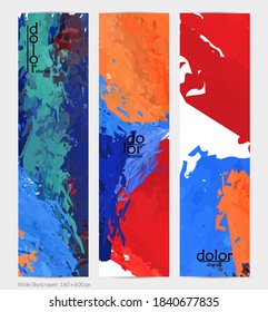 Abstract vector vertical banner. Colorful brush stoke of digital watercolor paint. Dimensional layered feather rainbow colored texture. Creative artistic advertising template. Bright rough scribble.