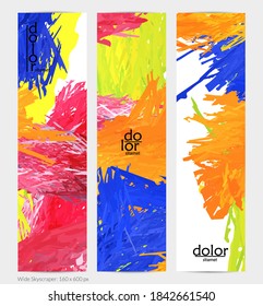 Abstract vector vertical banner. Colorful brush stoke of digital watercolor paint. Dimensional layered feather rainbow colored texture. Creative artistic advertising template. Bright rough scribble.