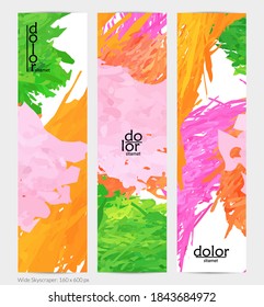 Abstract vector vertical banner. Colorful brush stoke of digital watercolor paint. Dimensional layered feather rainbow colored texture. Creative artistic advertising template. Bright rough scribble.