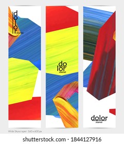 Abstract vector vertical banner with colorful bright acrylic textured shapes. Artistic wide sky design template. Hand drawn collage art digital paint. Universal layout with brush stroke splashes.