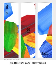 Abstract vector vertical banner with colorful bright acrylic textured shapes. Artistic wide sky design template. Hand drawn collage art digital paint. Universal layout with brush stroke splashes.