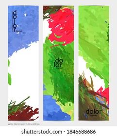Abstract vector vertical banner. Colorful brush stoke of digital watercolor paint. Dimensional layered feather rainbow colored texture. Creative artistic advertising template. Bright rough scribble.