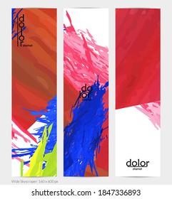 Abstract vector vertical banner. Colorful brush stoke of digital watercolor paint. Dimensional layered feather rainbow colored texture. Creative artistic advertising template. Bright rough scribble.