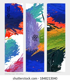 Abstract vector vertical banner. Colorful brush stoke of digital watercolor paint. Dimensional layered feather rainbow colored texture. Creative artistic advertising template. Bright rough scribble.