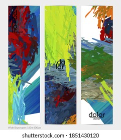 Abstract vector vertical banner. Colorful brush stoke of digital watercolor paint. Dimensional layered feather rainbow colored texture. Creative artistic advertising template. Bright rough scribble.