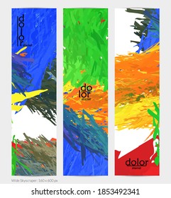 Pancarta vertical vector abstracta. Colorido pincel de pintura digital acuarela. Textura de color arcoiris de plumas en capas dimensionales. Plantilla de publicidad artística creativa. Brillante garabato áspero.