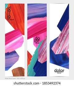 Abstrakter, vertikaler Vektorbanner mit bunten, hellen Acryl-strukturierten Formen. Künstlerische Himmelsdesign-Vorlage. Handgezeichnete Collage Art digitale Farbe. Universelles Layout mit Pinselstrichen.