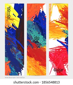 Pancarta vertical vector abstracta. Colorido pincel de pintura digital acuarela. Textura de color arcoiris de plumas en capas dimensionales. Plantilla de publicidad artística creativa. Brillante garabato áspero.