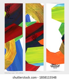 Abstract vector vertical banner with colorful bright acrylic textured shapes. Artistic wide sky design template. Hand drawn collage art digital paint. Universal layout with brush stroke splashes.