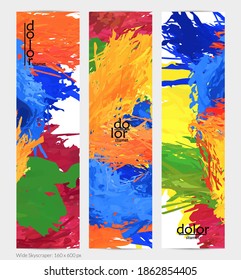 Abstract vector vertical banner. Colorful brush stoke of digital watercolor paint. Dimensional layered feather rainbow colored texture. Creative artistic advertising template. Bright rough scribble.
