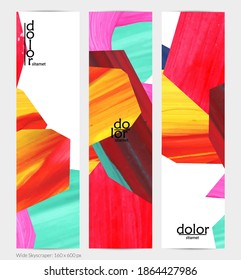 Pancarta vertical vector abstracta con formas coloreadas acrílicas de textura colorida. Plantilla de diseño de cielo amplio artístico. Pintura digital de arte de collage dibujada a mano. Diseño universal con salpicaduras de pincel.