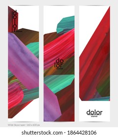 Abstract vector vertical banner with colorful bright acrylic textured shapes. Artistic wide sky design template. Hand drawn collage art digital paint. Universal layout with brush stroke splashes.