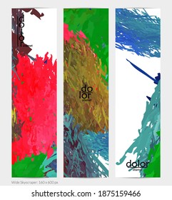 Abstract vector vertical banner. Colorful brush stoke of digital watercolor paint. Dimensional layered feather rainbow colored texture. Creative artistic advertising template. Bright rough scribble.