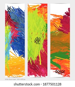 Abstract vector vertical banner. Colorful brush stoke of digital watercolor paint. Dimensional layered feather rainbow colored texture. Creative artistic advertising template. Bright rough scribble.