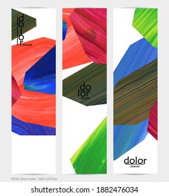 Abstract vector vertical banner with colorful bright acrylic textured shapes. Artistic wide sky design template. Hand drawn collage art digital paint. Universal layout with brush stroke splashes.