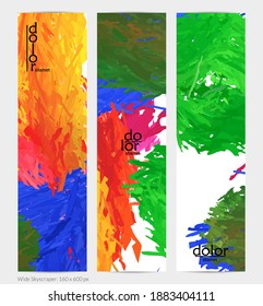 Abstract vector vertical banner. Colorful brush stoke of digital watercolor paint. Dimensional layered feather rainbow colored texture. Creative artistic advertising template. Bright rough scribble.