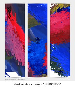 Abstract vector vertical banner. Colorful brush stoke of digital watercolor paint. Dimensional layered feather rainbow colored texture. Creative artistic advertising template. Bright rough scribble.