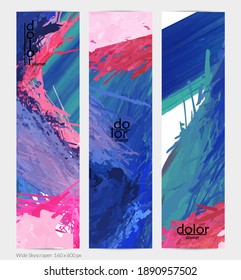 Abstract vector vertical banner. Colorful brush stoke of digital watercolor paint. Dimensional layered feather rainbow colored texture. Creative artistic advertising template. Bright rough scribble.