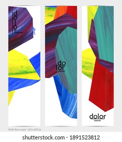 Abstract vector vertical banner with colorful bright acrylic textured shapes. Artistic wide sky design template. Hand drawn collage art digital paint. Universal layout with brush stroke splashes.