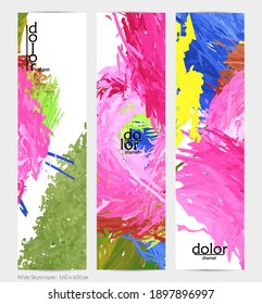 Abstract vector vertical banner. Colorful brush stoke of digital watercolor paint. Dimensional layered feather rainbow colored texture. Creative artistic advertising template. Bright rough scribble.