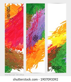 Abstract vector vertical banner. Colorful brush stoke of digital watercolor paint. Dimensional layered feather rainbow colored texture. Creative artistic advertising template. Bright rough scribble.